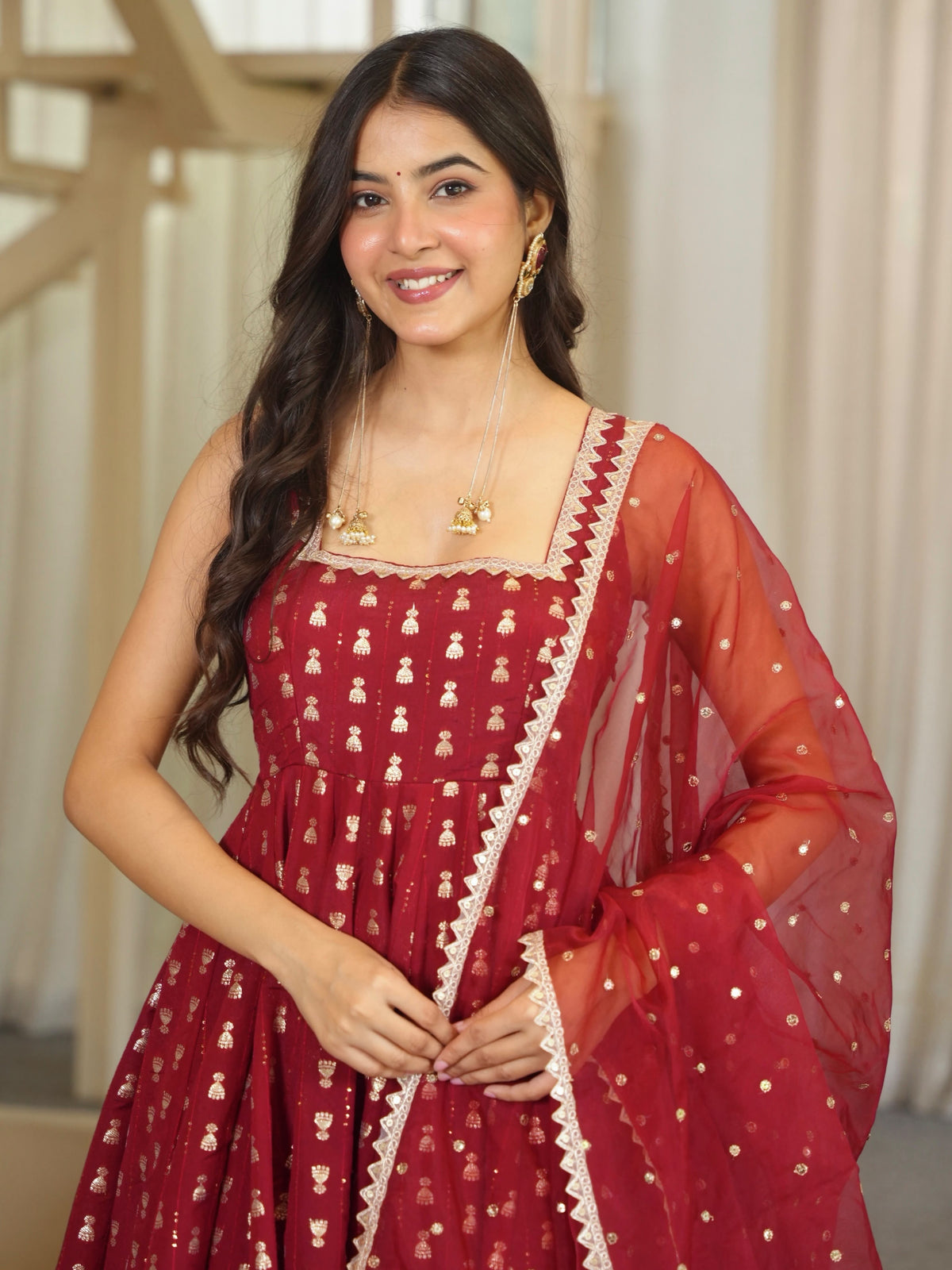 Chanderi Jacquard Butti Anarkali Kurta Set With Pant & Dupatta