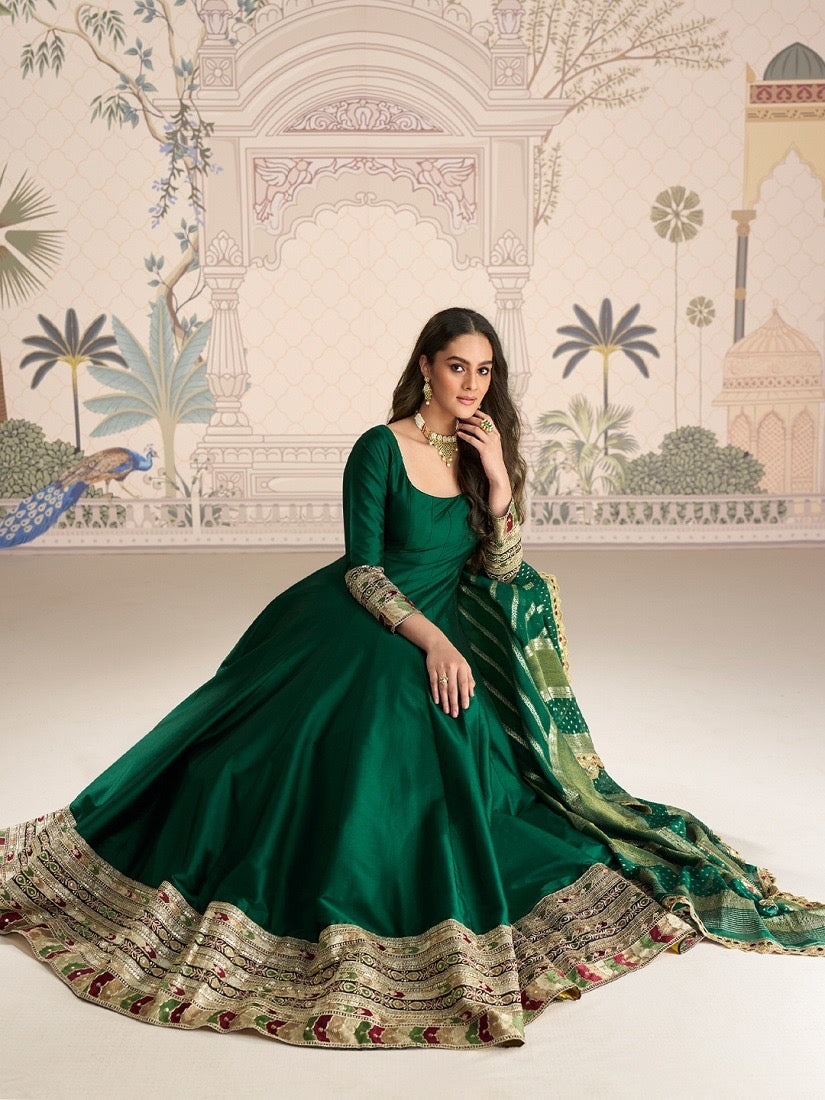Green long Gown with Banarasi Dupatta
