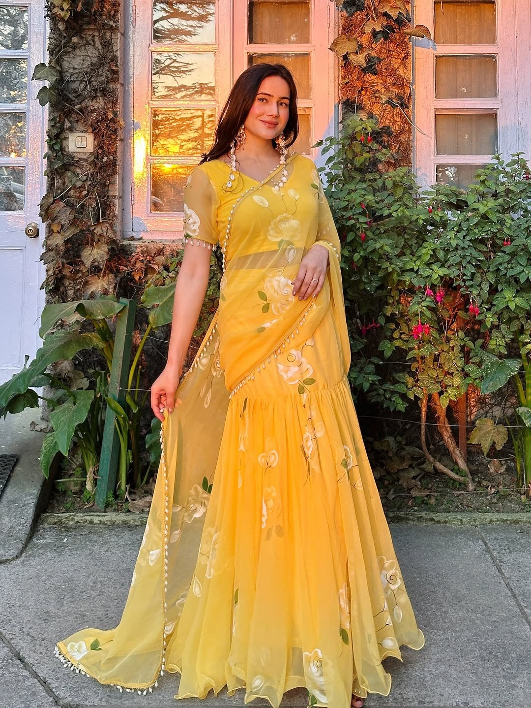 Rose Yellow Fish cut lehenga saree with pearl work border