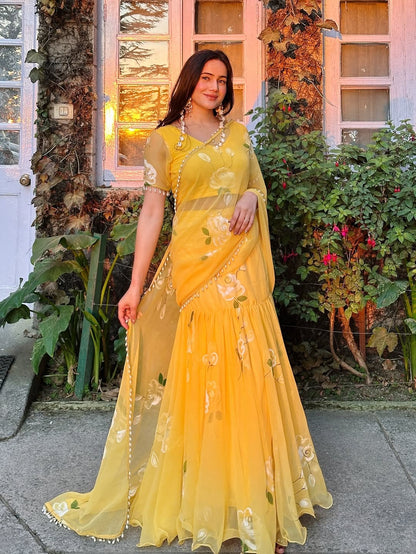 Rose Yellow Fish cut lehenga saree with pearl work border