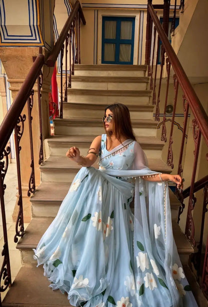 Floral Sky blue Fish cut lehenga saree with pearls work border