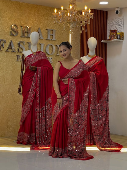 Red Real mirror Work Saree/Karva choth Special