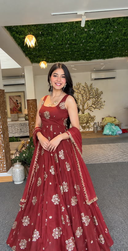 Rust orange flared anarkali gown set