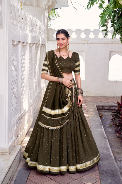 Fully stitched Olive green Chanderi lehenga choli