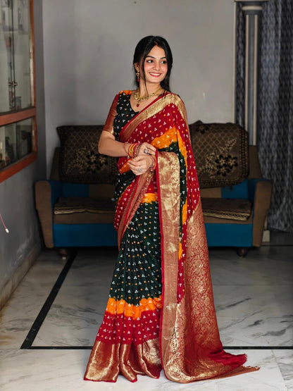 New Kanjivaram Bandhani teen danii Saree for Saree
