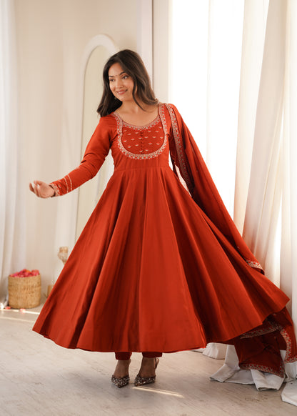 Rust Orange Anarkali set for Womens