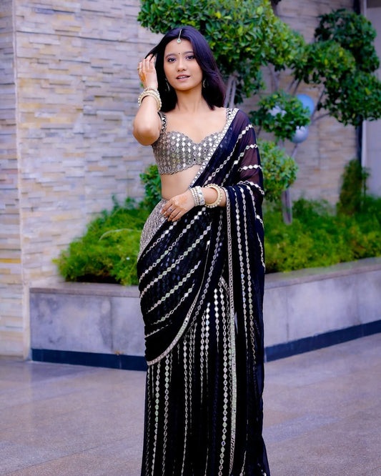 Black Real Mirror Fish Cut Lehenga Saree