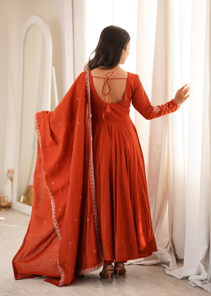 Rust Orange Anarkali set for Womens