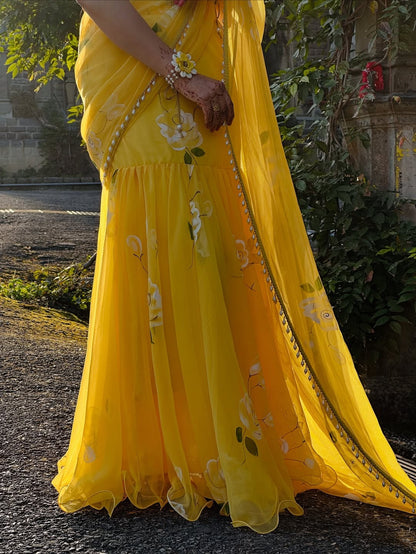 Rose Yellow Fish cut lehenga saree with pearl work border