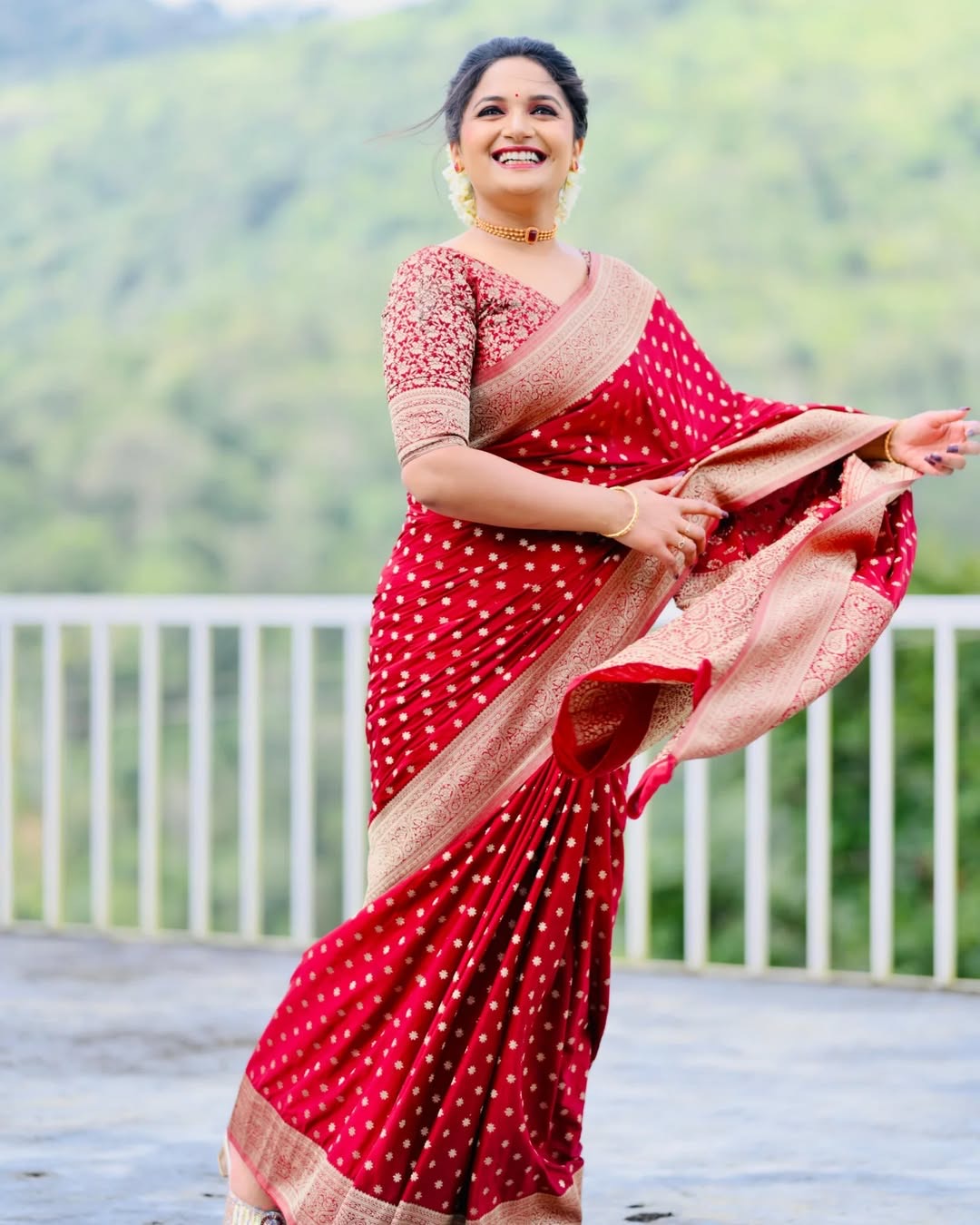 Red banarasi soft silk saree with vel design blouse piece