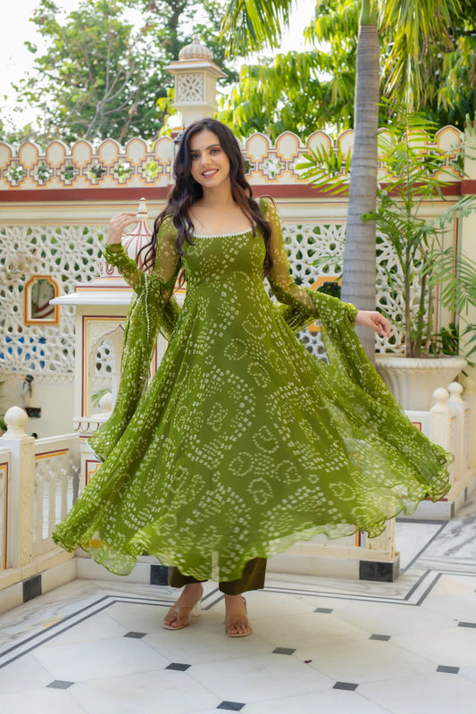 Green Bandhej Anarkali Suite Set For Women