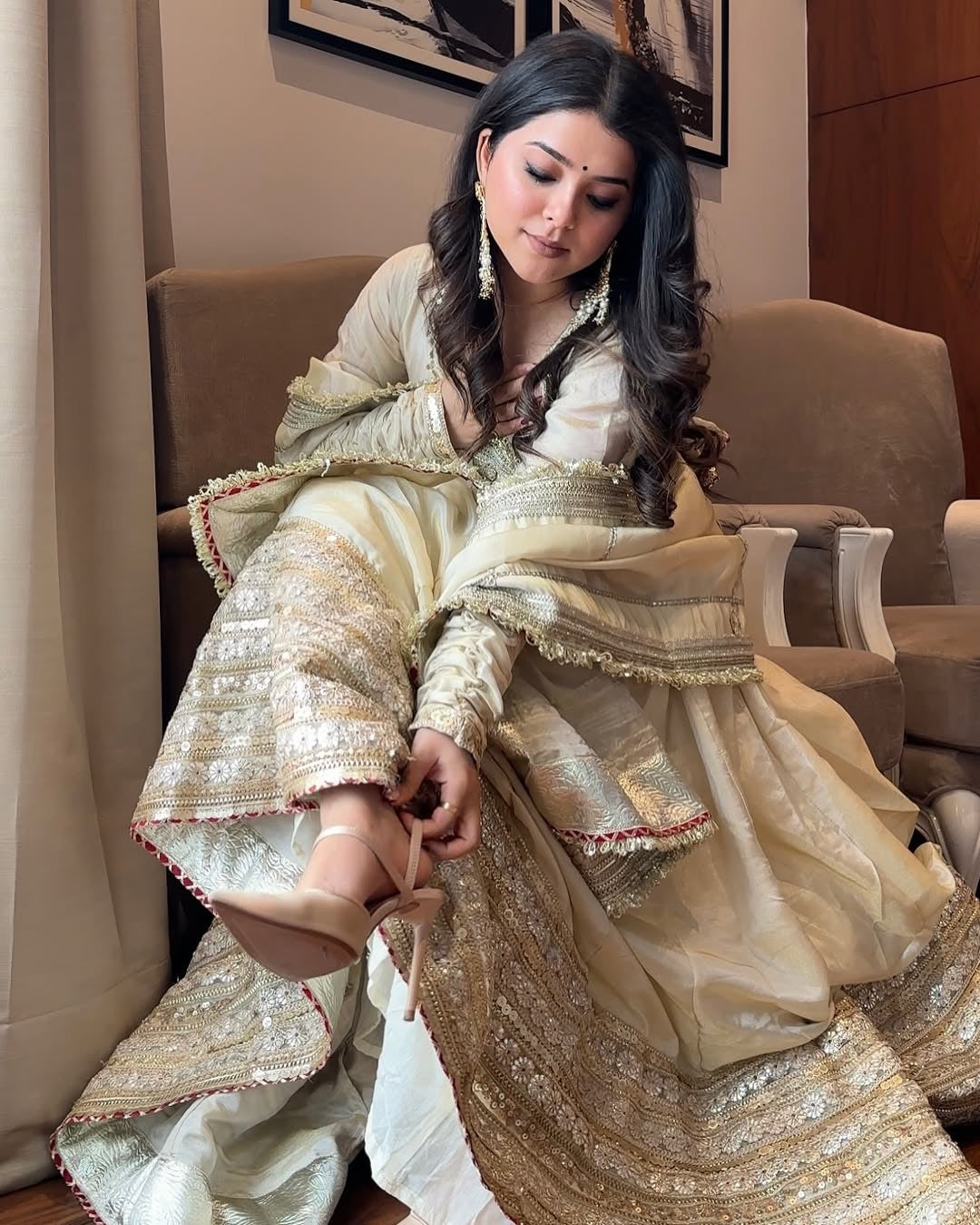 Pure Cotton silk off-white anarkali suite set for women