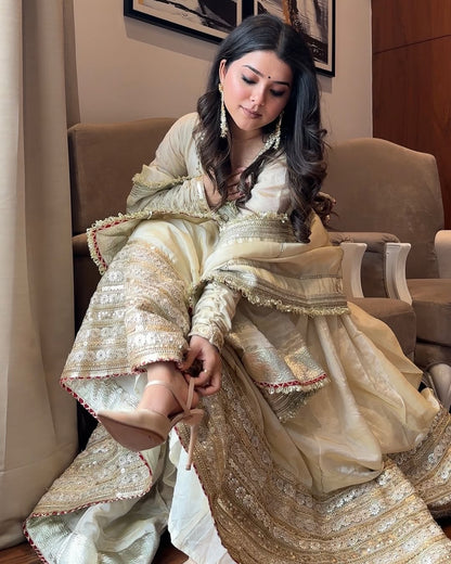 Pure Cotton silk off-white anarkali suite set for women