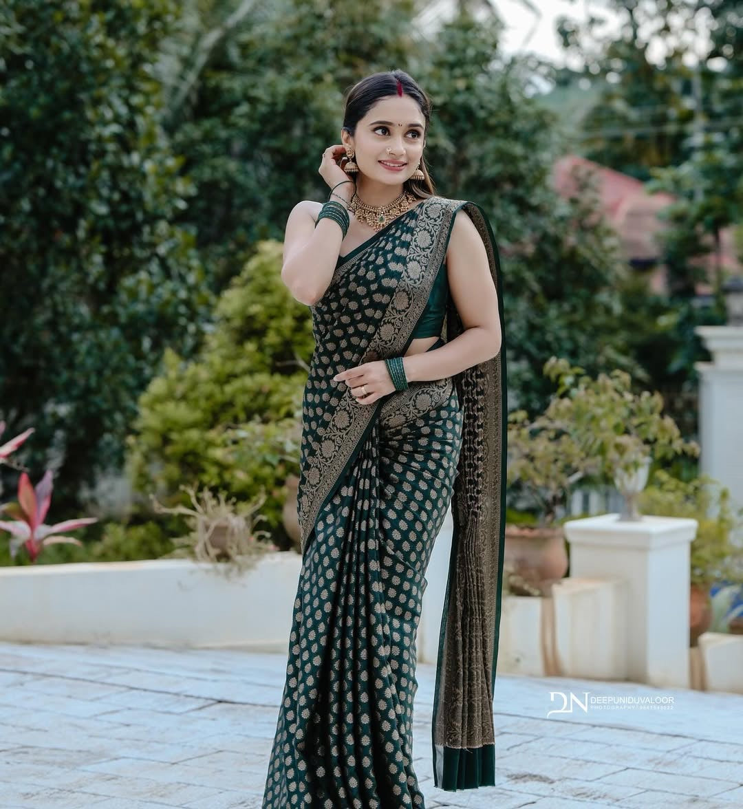 Green banarasi silk saree with jacquard design