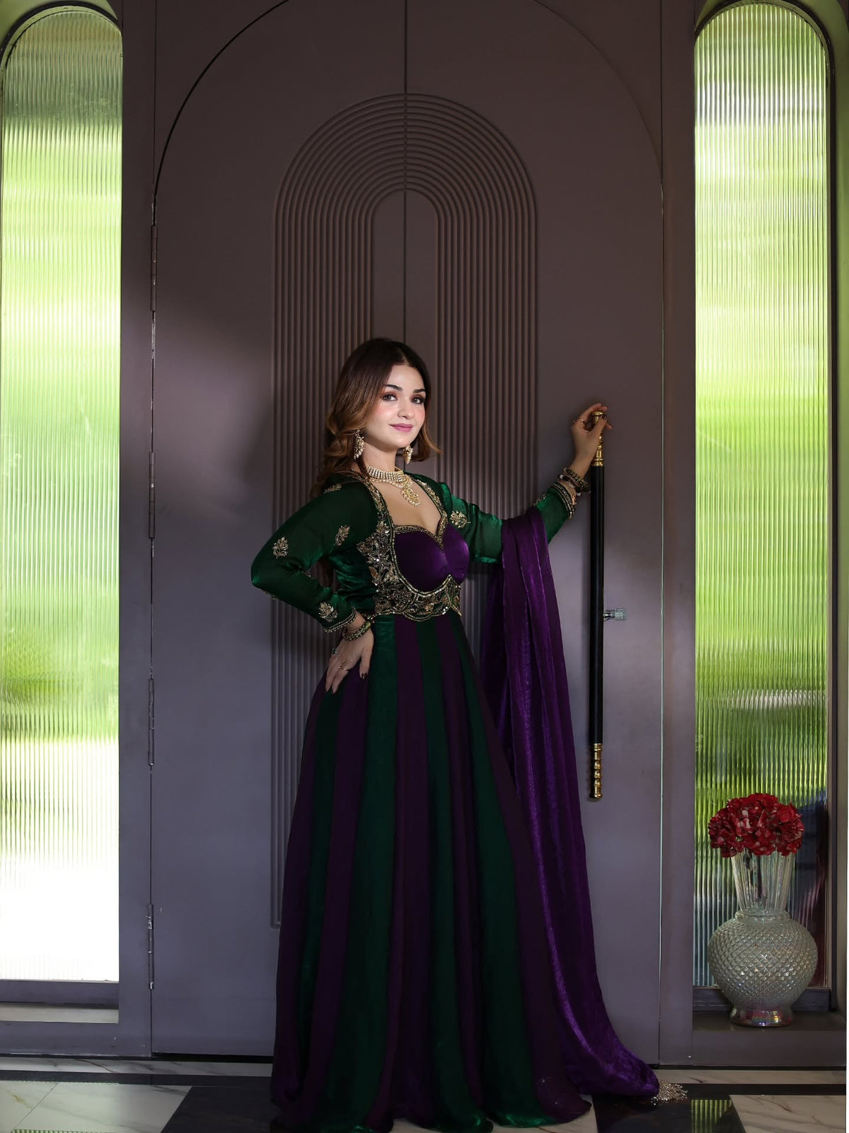 Striking purple and emerald green Anarkali