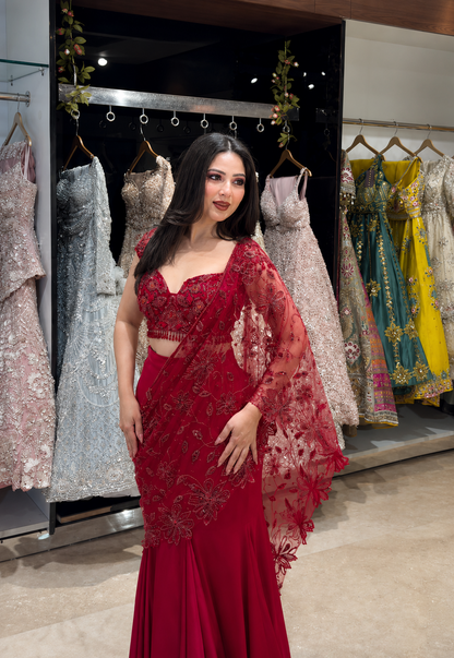 Red Fishcut Lehenga saree