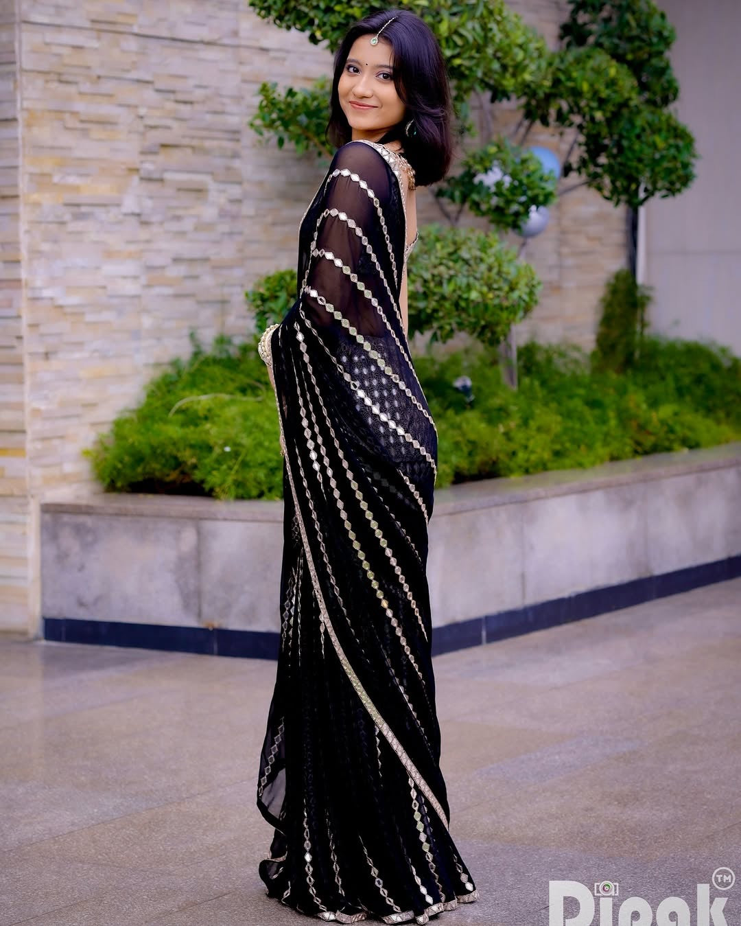 Black Real Mirror Fish Cut Lehenga Saree
