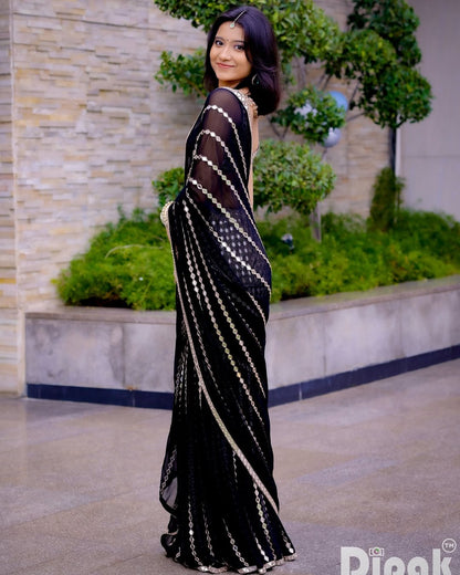 Black Real Mirror Fish Cut Lehenga Saree