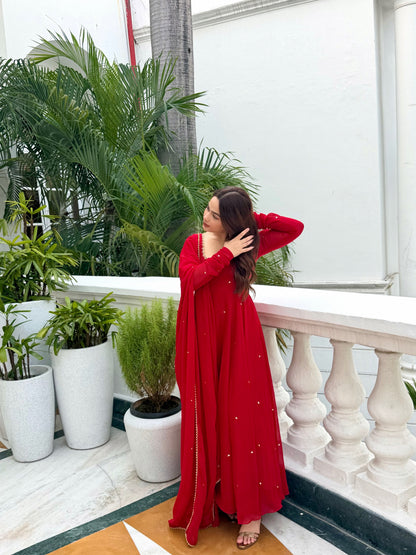 Red long Anarkali Tree piece kurta Set