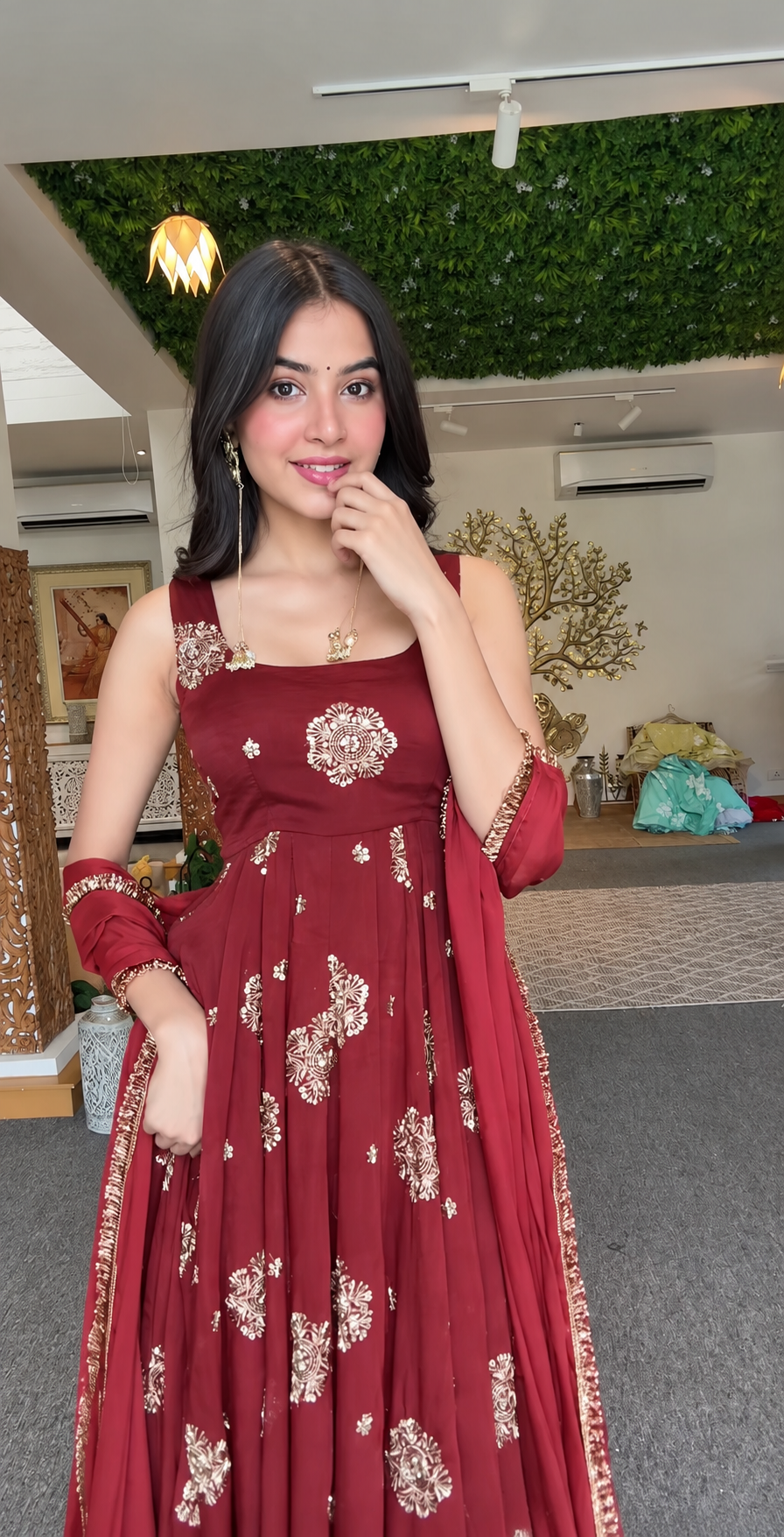 Rust orange flared anarkali gown set