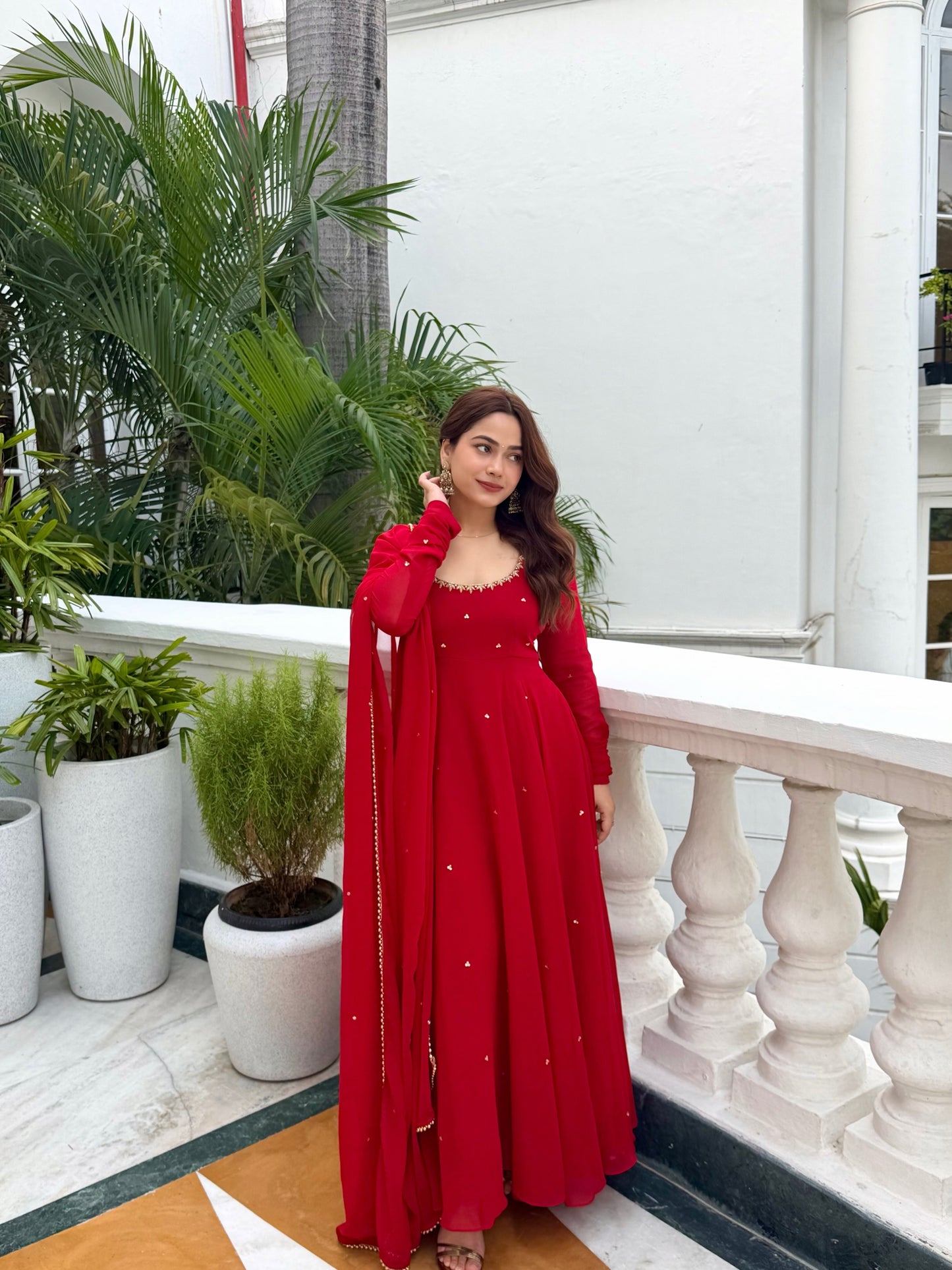 Red long Anarkali Tree piece kurta Set