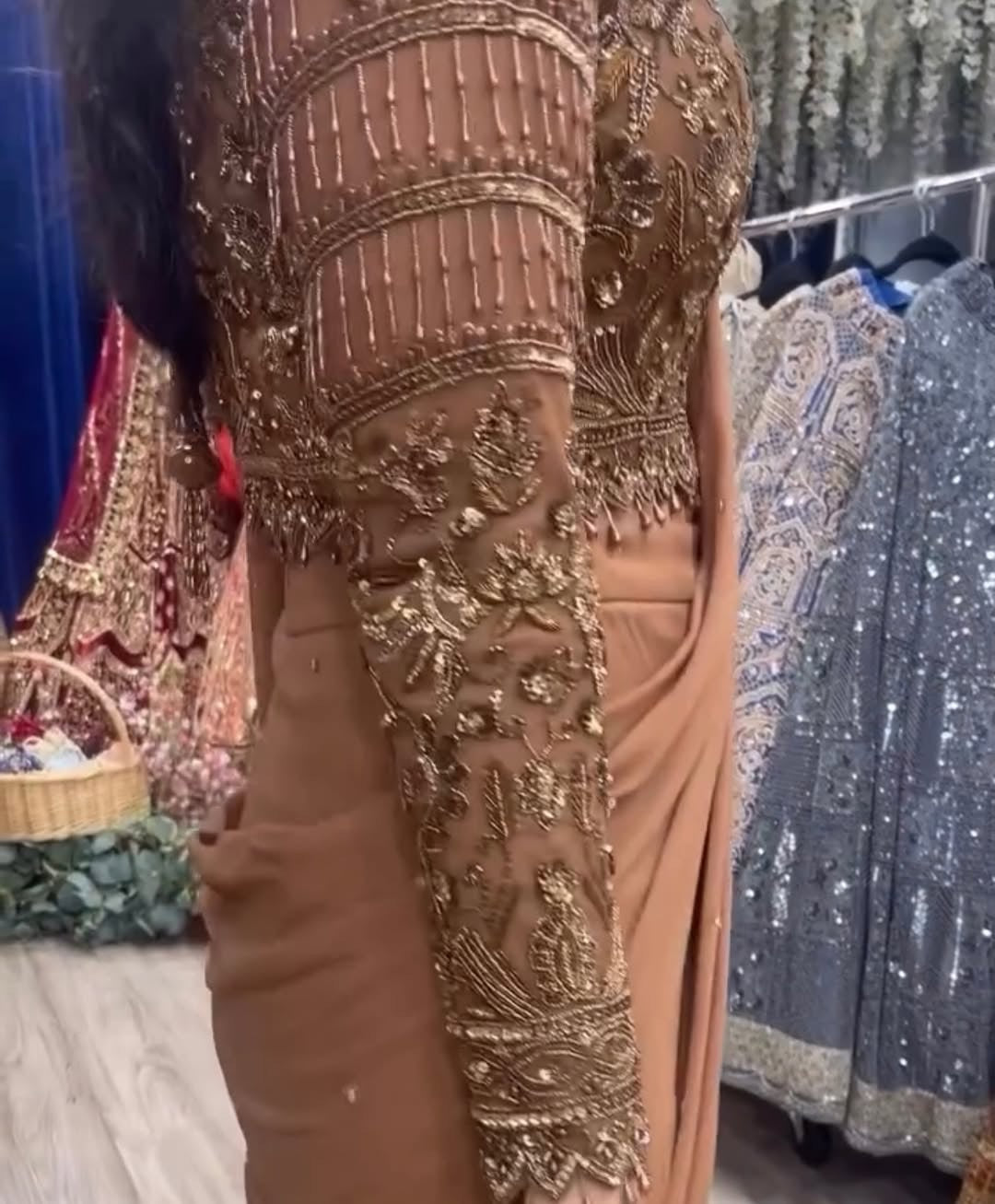 Beads work brown Lehega saree