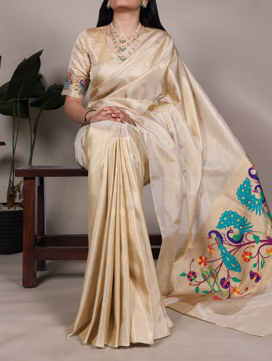 Perfect for pujas, and celebrations – this tissue silk saree drapes like a dream and dazzles like gold ✨