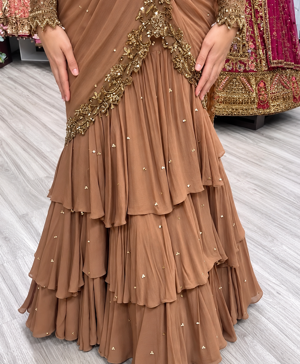 Stylish dusty brown ready-to-wear faux georgette lehenga saree