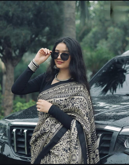 Black silk printed saree