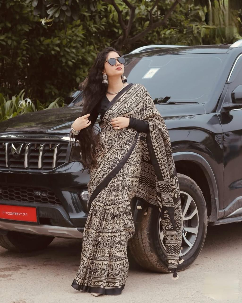 Black silk printed saree