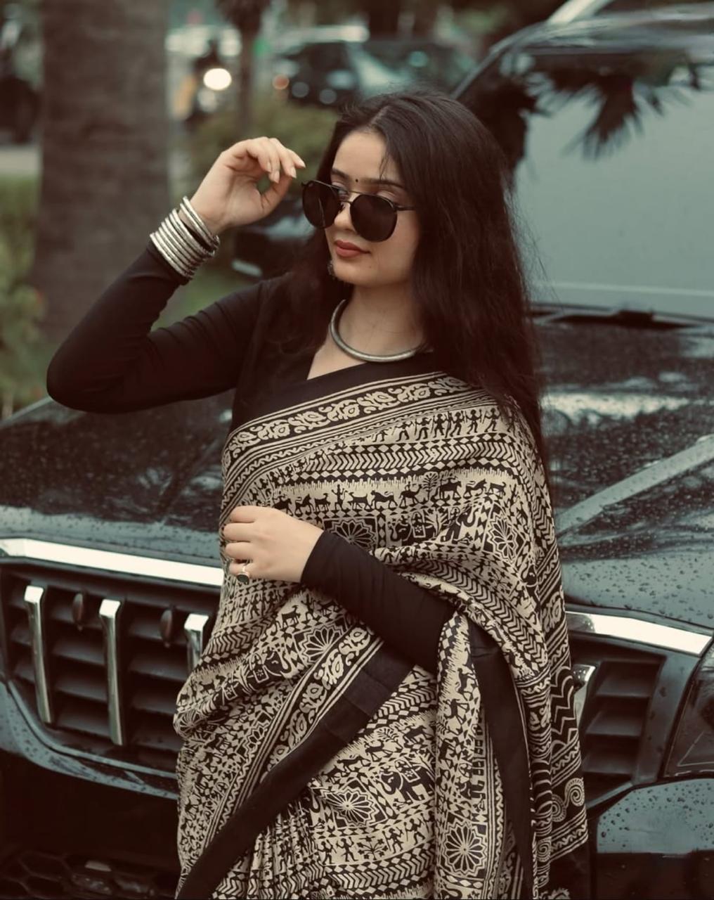 Black silk printed saree