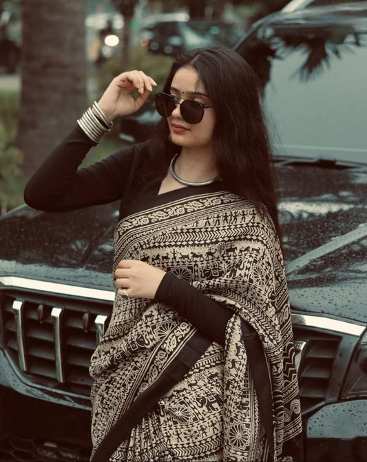 Black silk printed saree