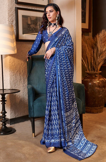 Soft Blue Ajrakh Patola Printed Satin Crepe Saree