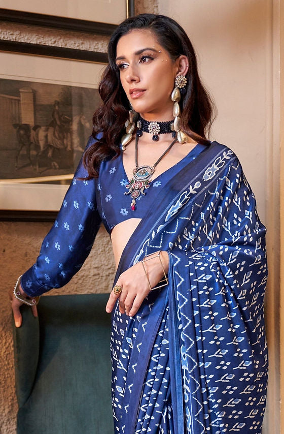 Soft Blue Ajrakh Patola Printed Satin Crepe Saree