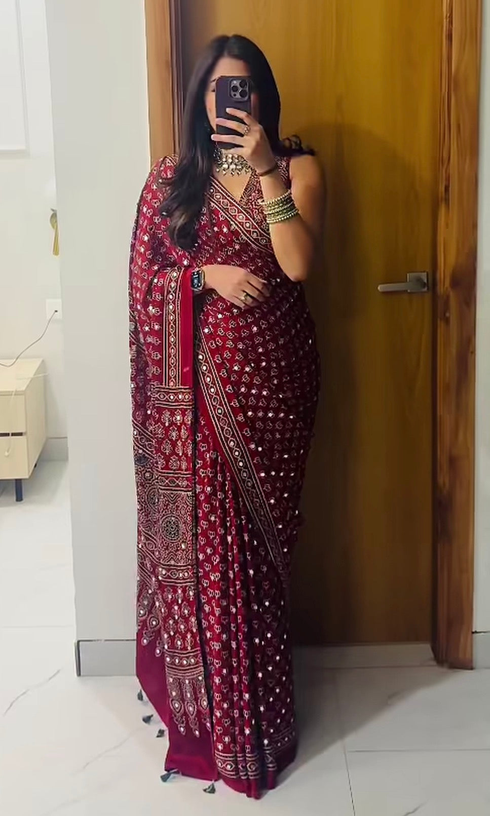 Trending Ajarakh Modal Silk Mirror Work Lotus Design Saree for Women