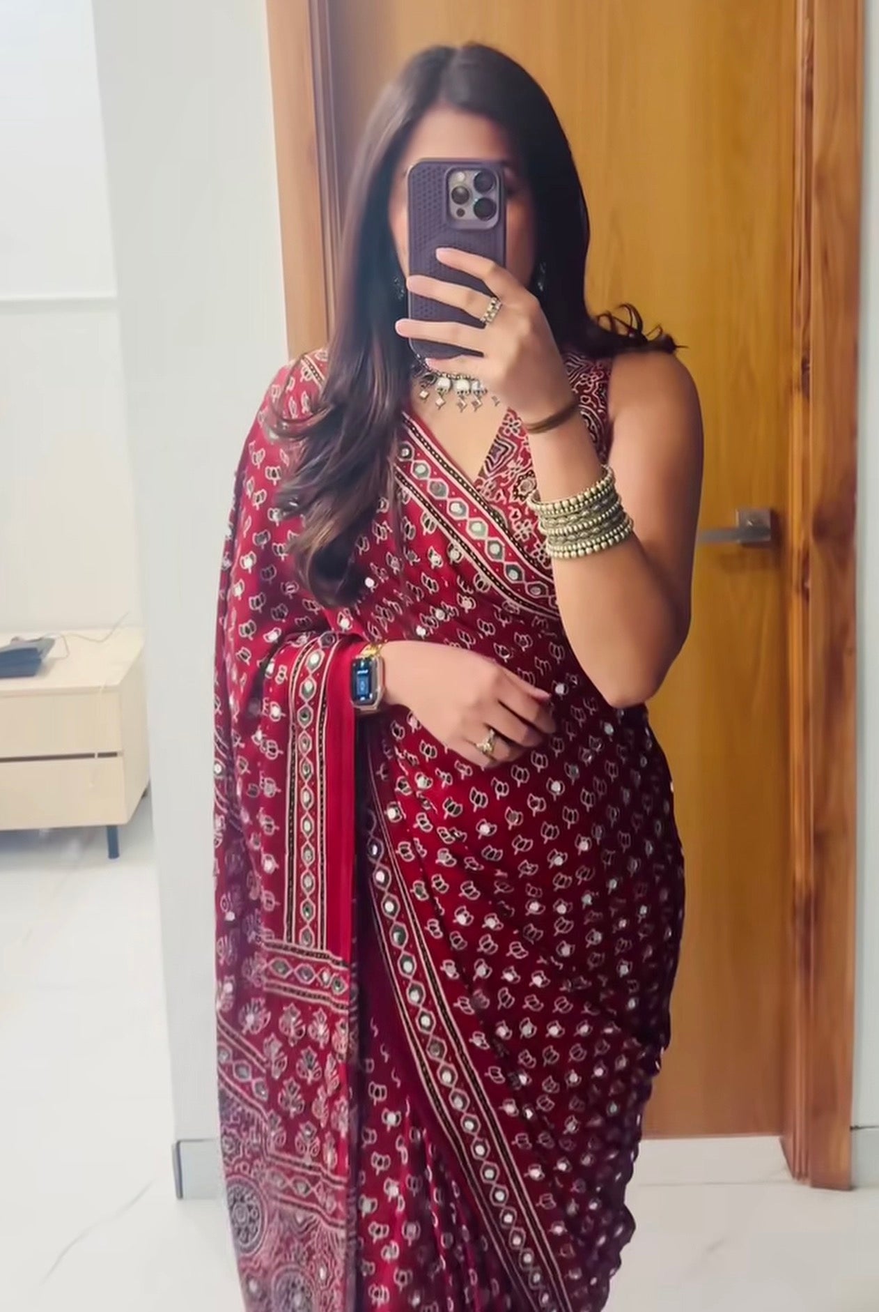Trending Ajarakh Modal Silk Mirror Work Lotus Design Saree for Women