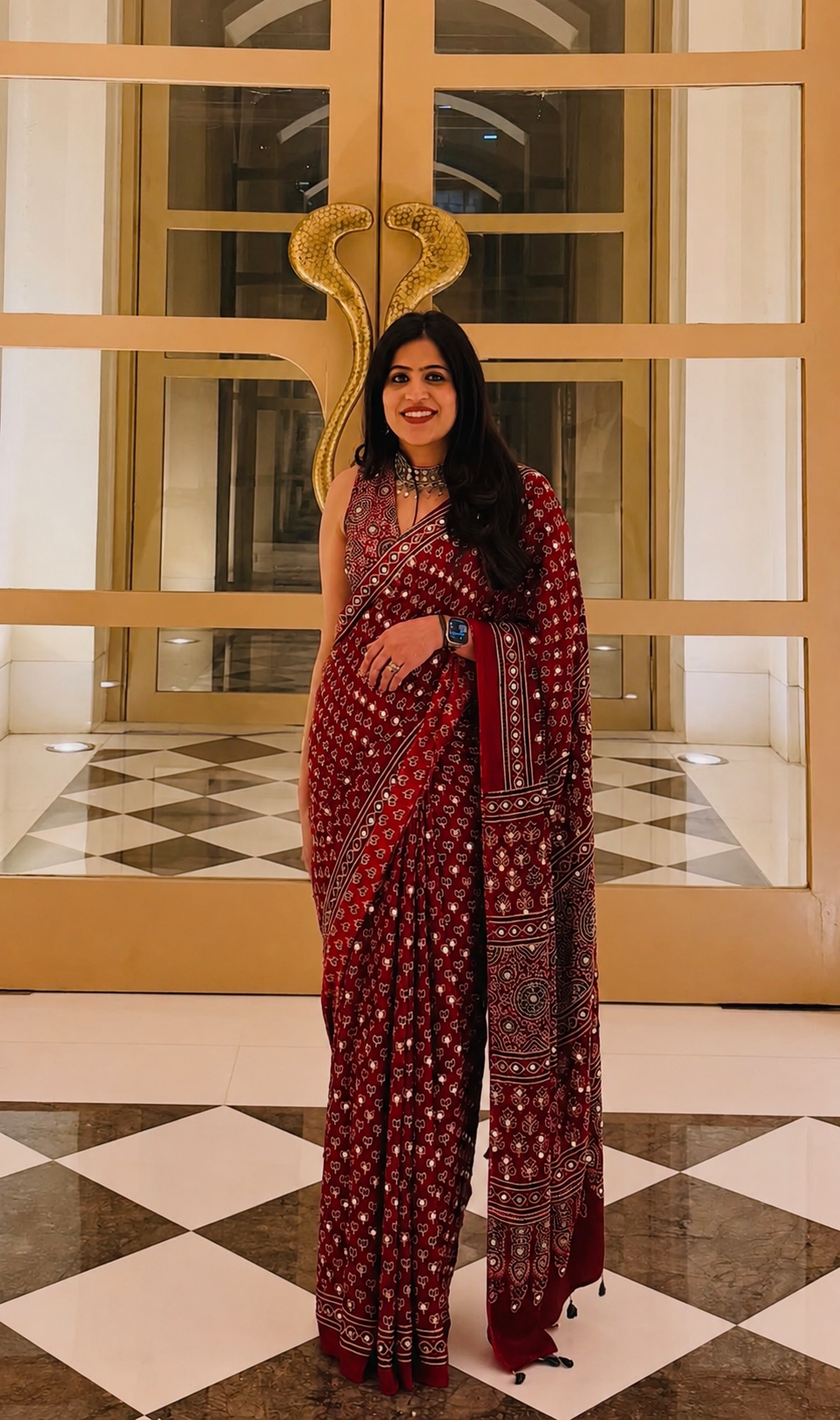 Trending Ajarakh Modal Silk Mirror Work Lotus Design Saree for Women