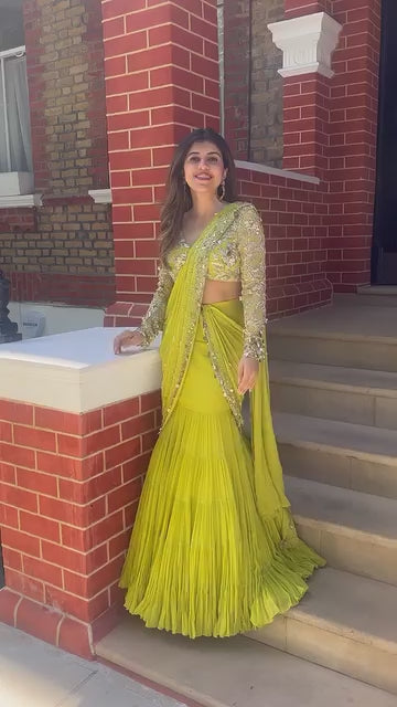 Beads Hand work Lemon Lehenga saree