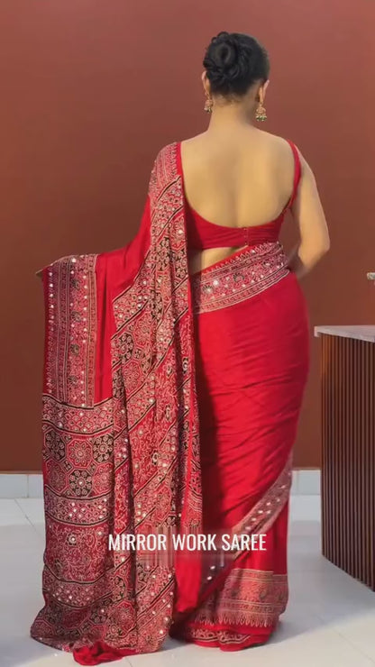 Red Real mirror Work Saree/Karva choth Special
