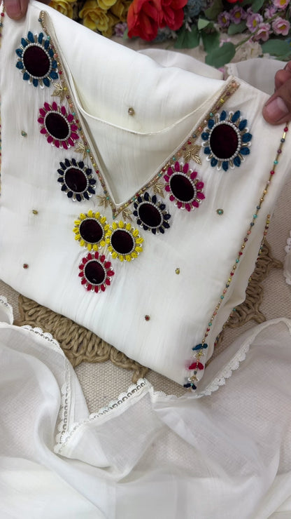 White Chanderi Hand Work Suite For Women