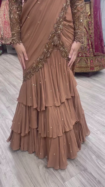 Beads work brown Lehega saree