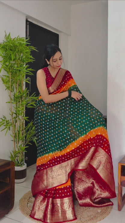 New Kanjivaram Bandhani teen danii Saree for Saree
