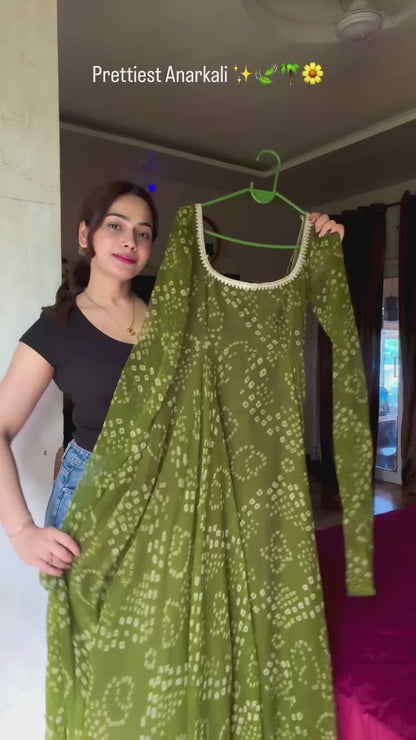 Green Bandhej Anarkali Suite Set For Women