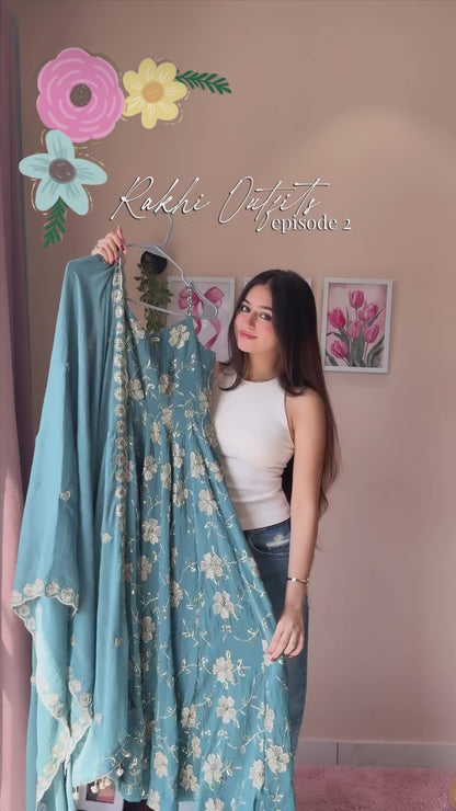 Blue Embroidered Anarkali Suit Set with Dupatta