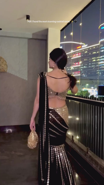 Black Real Mirror Fish Cut Lehenga Saree