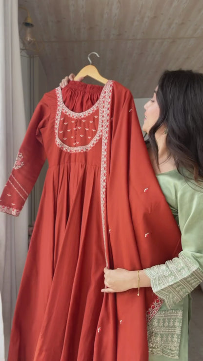 Rust Orange Anarkali set for Womens