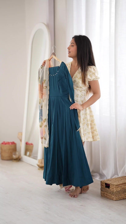 Teal Blue Roman Anarkali Suit with Position Print Organza Dupatta