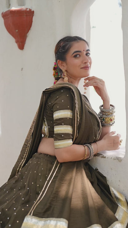 Fully stitched Olive green Chanderi lehenga choli